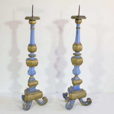 Pair of 18th Century Italian Baroque Carved Wooden Candleholders