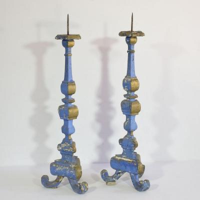 Pair of 18th Century Italian Baroque Carved Wooden Candleholders