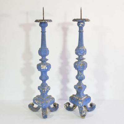 Pair of 18th Century Italian Baroque Carved Wooden Candleholders