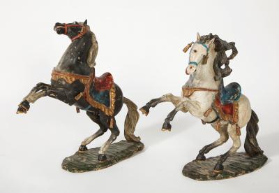 Pair of 18th Century Italian Carved Fruitwood Polychrome Horses