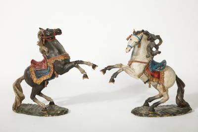 Pair of 18th Century Italian Carved Fruitwood Polychrome Horses