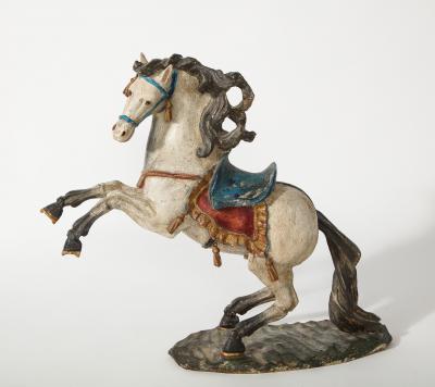 Pair of 18th Century Italian Carved Fruitwood Polychrome Horses