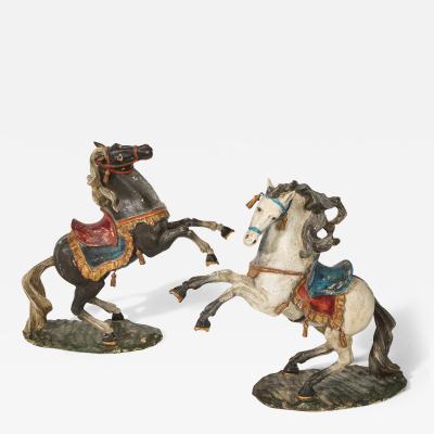 Pair of 18th Century Italian Carved Fruitwood Polychrome Horses