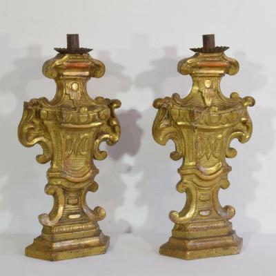 Pair of 18th Century Italian Carved Giltwood Baroque Candleholders