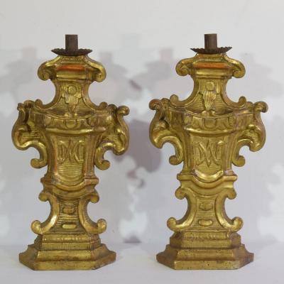 Pair of 18th Century Italian Carved Giltwood Baroque Candleholders
