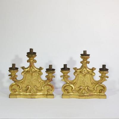 Pair of 18th Century Italian Carved Giltwood Baroque Candleholders