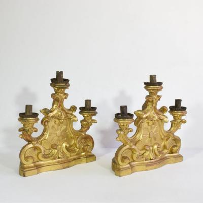 Pair of 18th Century Italian Carved Giltwood Baroque Candleholders
