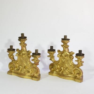 Pair of 18th Century Italian Carved Giltwood Baroque Candleholders