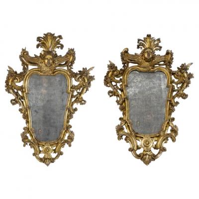 Pair of 18th Century Italian Gilt wood Mirrors or Wall Lights Roma 1750