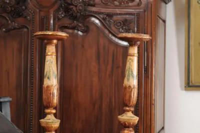 Pair of 18th Century Neoclassical Painted and Gilded Candlesticks with Hoof Feet