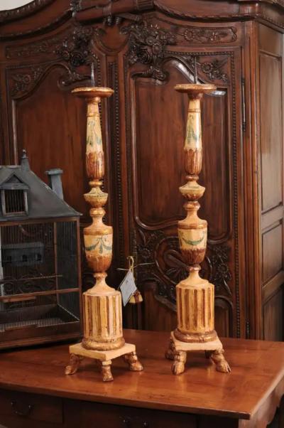 Pair of 18th Century Neoclassical Painted and Gilded Candlesticks with Hoof Feet