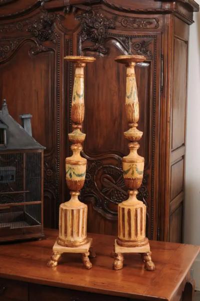 Pair of 18th Century Neoclassical Painted and Gilded Candlesticks with Hoof Feet