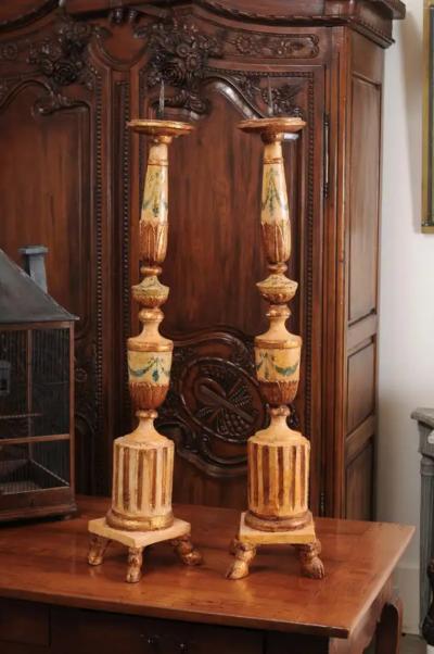 Pair of 18th Century Neoclassical Painted and Gilded Candlesticks with Hoof Feet