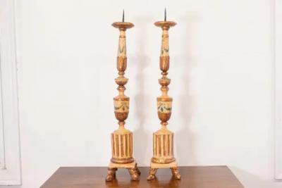 Pair of 18th Century Neoclassical Painted and Gilded Candlesticks with Hoof Feet