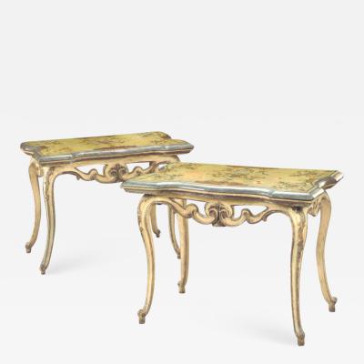 Pair of 18th Century Rococo Italian Painted Console Tables with Scagliola Tops