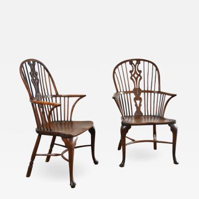 Pair of 18th century English George III Yew Wood Cabriole Leg Windsor Chairs