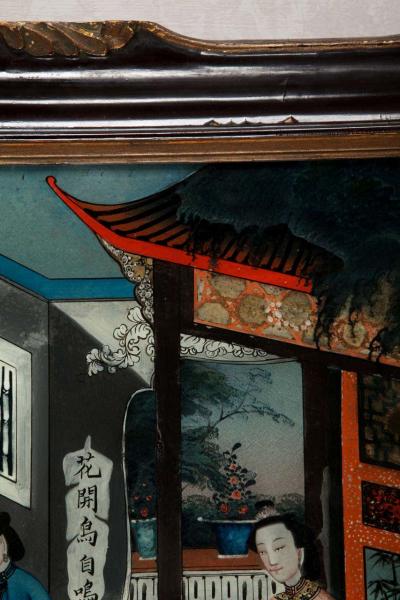 Pair of 19 century Chinese Reverse Painted Mirror Pictures