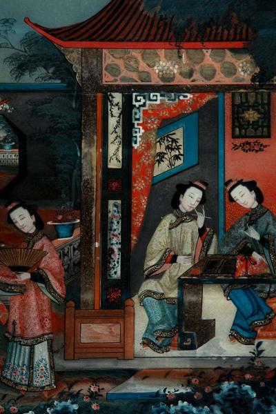 Pair of 19 century Chinese Reverse Painted Mirror Pictures