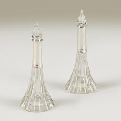 Pair of 1920s English Art Deco cut glass and silver collar bottles