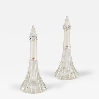 Pair of 1920s English Art Deco cut glass and silver collar bottles