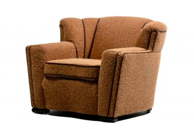 Pair of 1930s Art Deco Club Chairs in Truffle Cocoa Fabric with Chocolate Trim