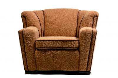 Pair of 1930s Art Deco Club Chairs in Truffle Cocoa Fabric with Chocolate Trim