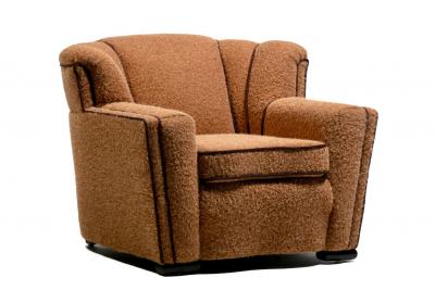 Pair of 1930s Art Deco Club Chairs in Truffle Cocoa Fabric with Chocolate Trim