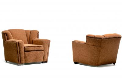 Pair of 1930s Art Deco Club Chairs in Truffle Cocoa Fabric with Chocolate Trim