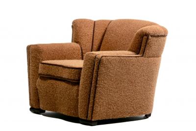 Pair of 1930s Art Deco Club Chairs in Truffle Cocoa Fabric with Chocolate Trim