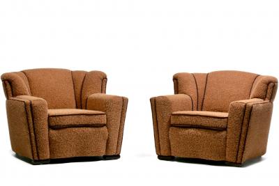 Pair of 1930s Art Deco Club Chairs in Truffle Cocoa Fabric with Chocolate Trim