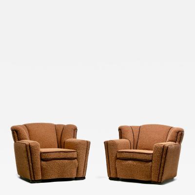 Pair of 1930s Art Deco Club Chairs in Truffle Cocoa Fabric with Chocolate Trim