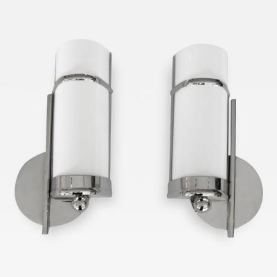 Pair of 1930s Bauhaus Style Streamline Sconces in Nickel w Bent White Glass