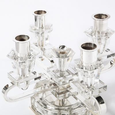 Pair of 1940s Art Deco Four Arm Silverplate Crystal Candleholders