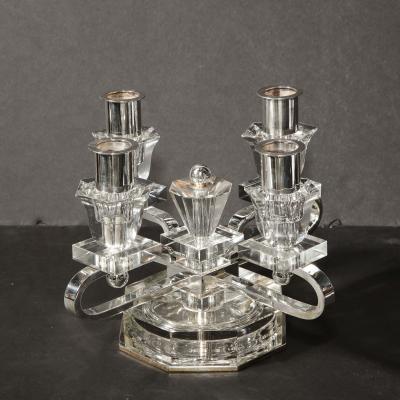 Pair of 1940s Art Deco Four Arm Silverplate Crystal Candleholders