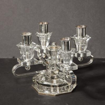 Pair of 1940s Art Deco Four Arm Silverplate Crystal Candleholders