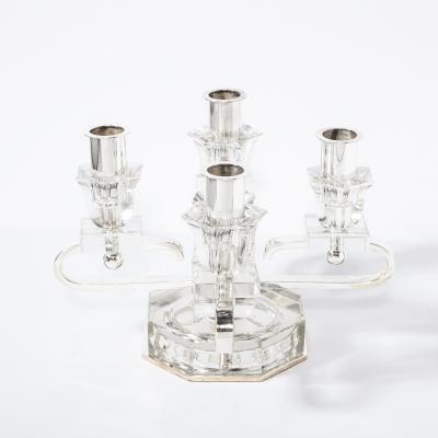Pair of 1940s Art Deco Four Arm Silverplate Crystal Candleholders