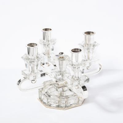 Pair of 1940s Art Deco Four Arm Silverplate Crystal Candleholders