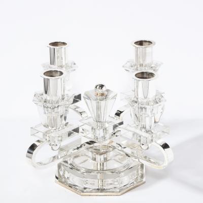 Pair of 1940s Art Deco Four Arm Silverplate Crystal Candleholders