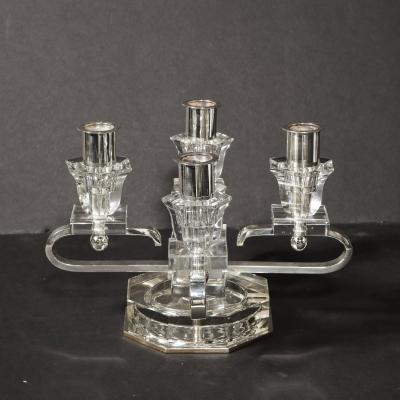 Pair of 1940s Art Deco Four Arm Silverplate Crystal Candleholders