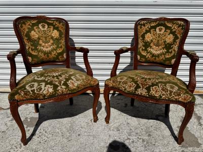 Pair of 1940s French Provincial Style Walnut Upholstered Bergeres