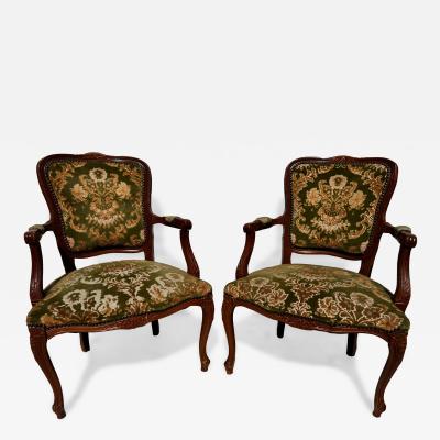 Pair of 1940s French Provincial Style Walnut Upholstered Bergeres