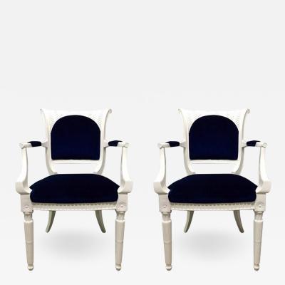 Pair of 1940s Lacquered Regency Style Armchairs in Blue Mohair