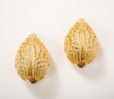 Pair of 1950s Golden Murano Glass Acanthus Leaf Sconces