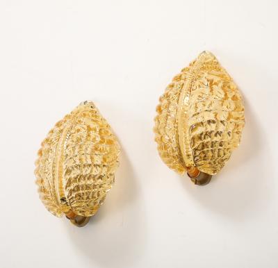 Pair of 1950s Golden Murano Glass Acanthus Leaf Sconces