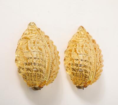 Pair of 1950s Golden Murano Glass Acanthus Leaf Sconces