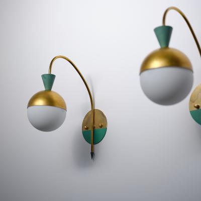 Pair of 1950s Italian Brass Sconces Attributed to Stilnovo with Opaline Globes