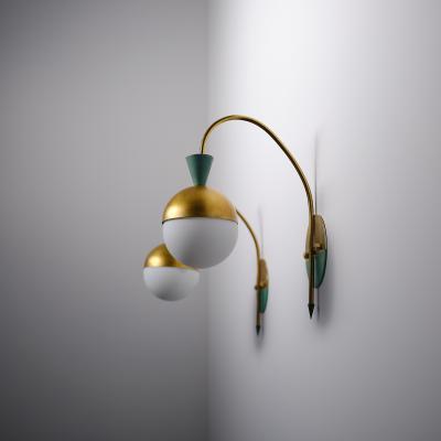 Pair of 1950s Italian Brass Sconces Attributed to Stilnovo with Opaline Globes