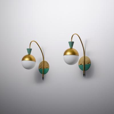 Pair of 1950s Italian Brass Sconces Attributed to Stilnovo with Opaline Globes