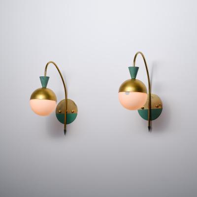 Pair of 1950s Italian Brass Sconces Attributed to Stilnovo with Opaline Globes