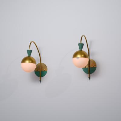 Pair of 1950s Italian Brass Sconces Attributed to Stilnovo with Opaline Globes